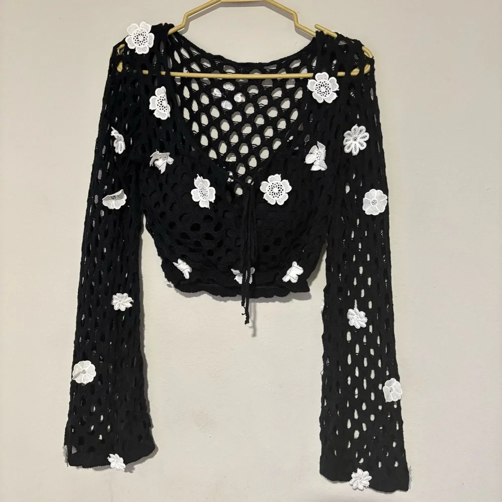 Black and White Floral Crochet Top